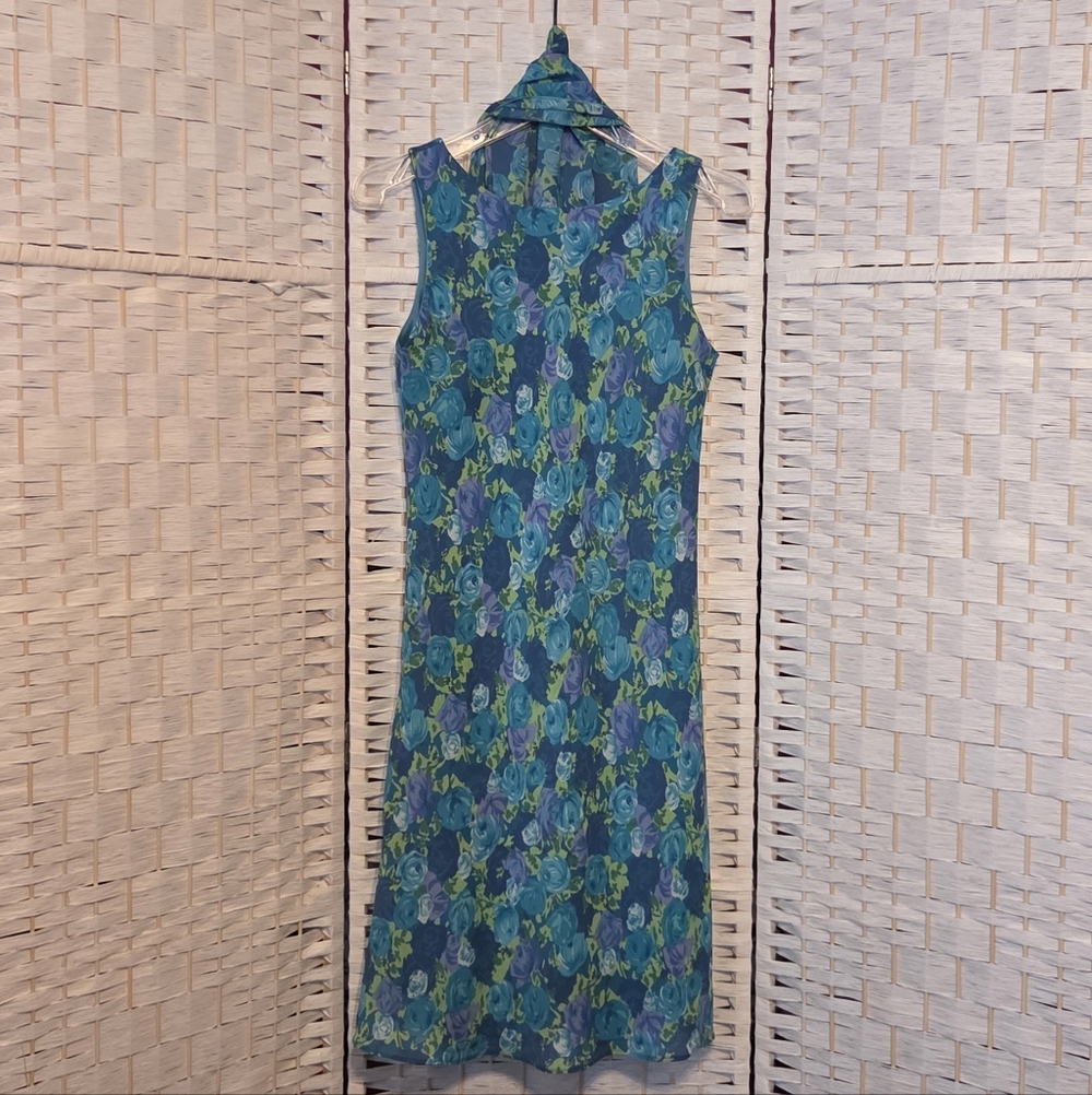Sleeveless Floral Knee Length W/ Matching Wrap, Teal And Purple, EUC, size 7